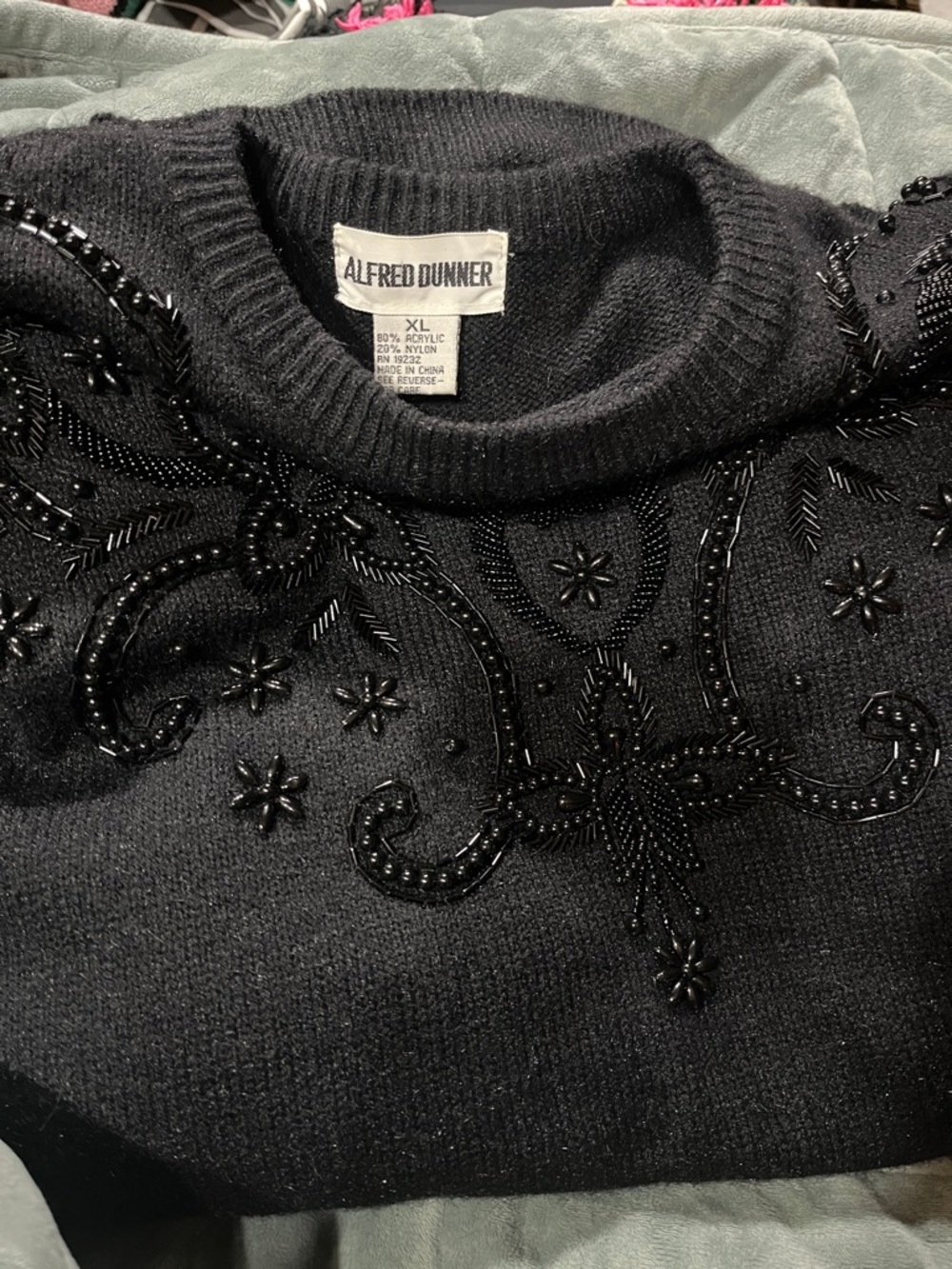 Alfred Dunner Black Beaded Crewneck Sweater